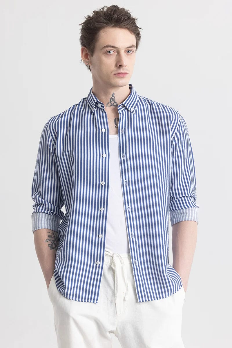 Men's Blue & White Vertical Striped Full Sleeve Shirt